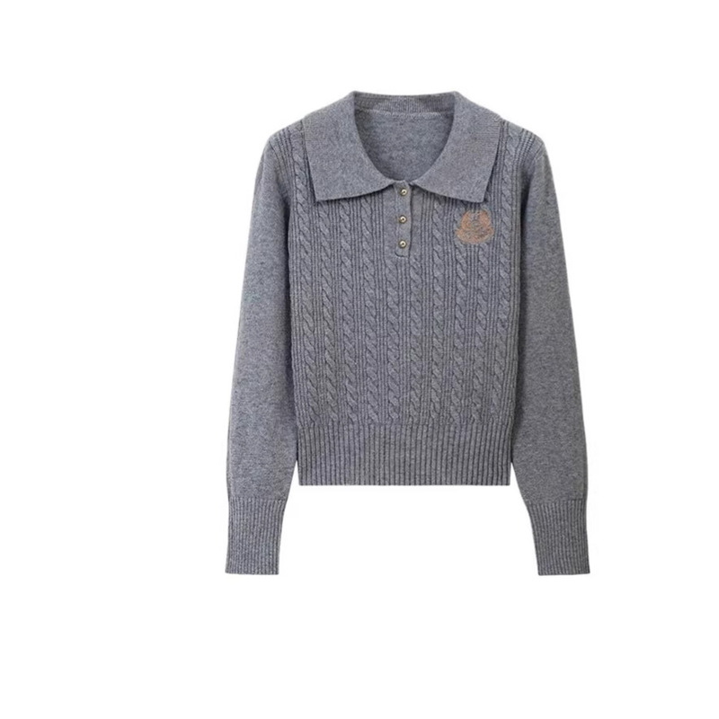 Plus-Size Polo Collar Long-Sleeve Knit Sweater for Women, New Autumn and Winter Style, Flattering for Curvy Figures, College Style Top