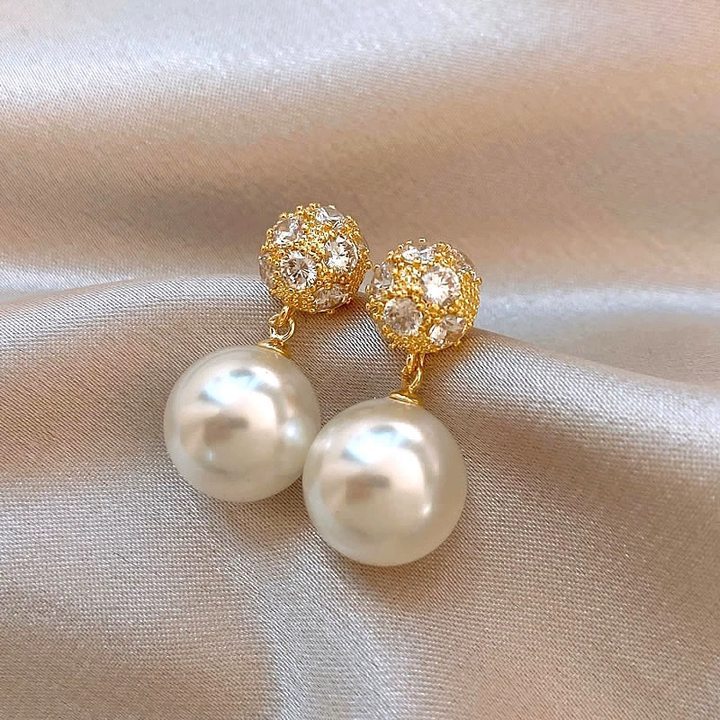Gold zircon ball pearl stud earrings