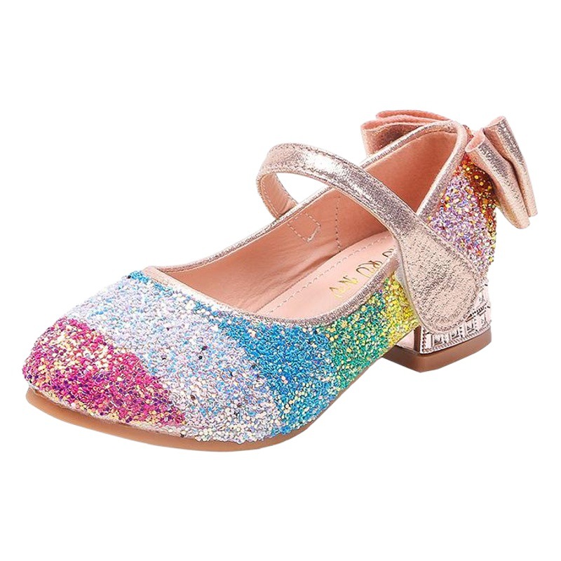 2023 nuevas niñas Arco Iris lentejuelas princesa zapatos de cristal de los niños tacones altos niñas zapatos solos