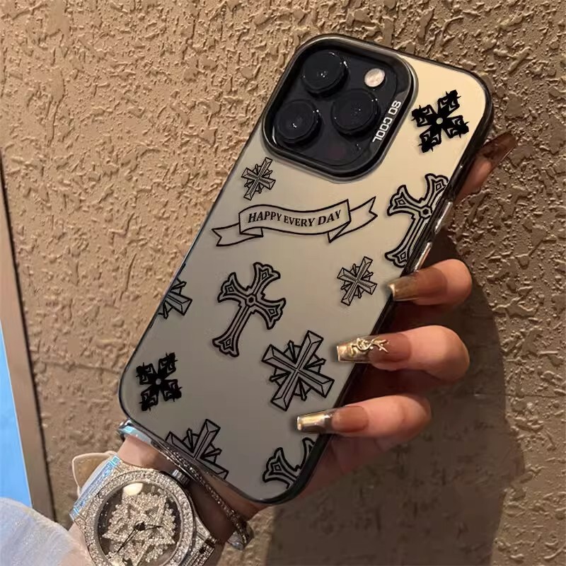 Light Luxury and High-End Sense Suitable for Apple 14Promax Mobile Phone Case Soft Edge Hard Shell Laser Crow Heart Cross Trendy Brand