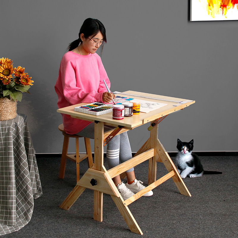 Wooden Painting Table for Art Students and Designers, Adjustable Angle and Height, Suitable for Oil Painting in the Studio