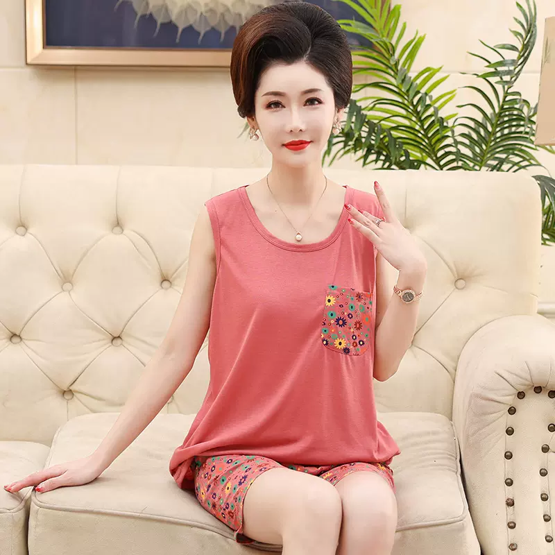 中老年妈妈背心款睡衣女夏季无袖短裤薄款加肥加大码老年人家居服