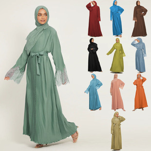 Cross-border macaron color polyester crepe women's lace lace rhinestone belt headscarf loose ladies robe in stock
