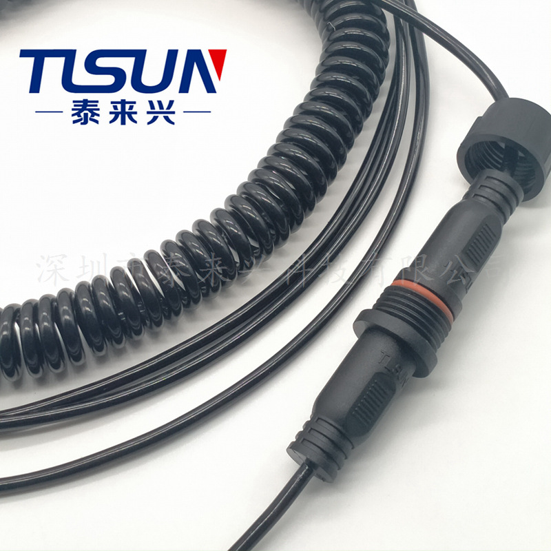 弹簧线2PIN连接器 户外海底设备电源线 2芯黑色弹簧线 16AWG电线