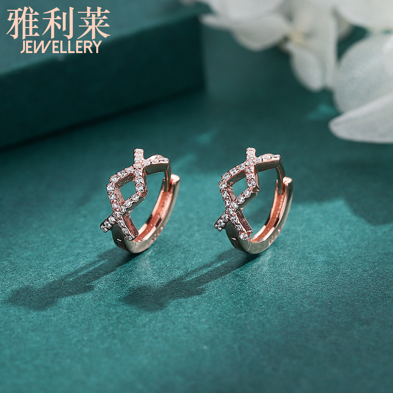 s925純銀圓環扭繩樹葉耳扣女款夏日韓版簡約風個性镂空鑲鑽耳飾品