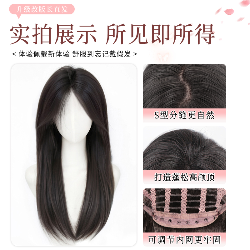 Perruque longue et lisse Connie Black pour femme - Perruque naturelle, volumineuse et couvrant toute la tête, avec raie au milieu et frange, pour un usage quotidien