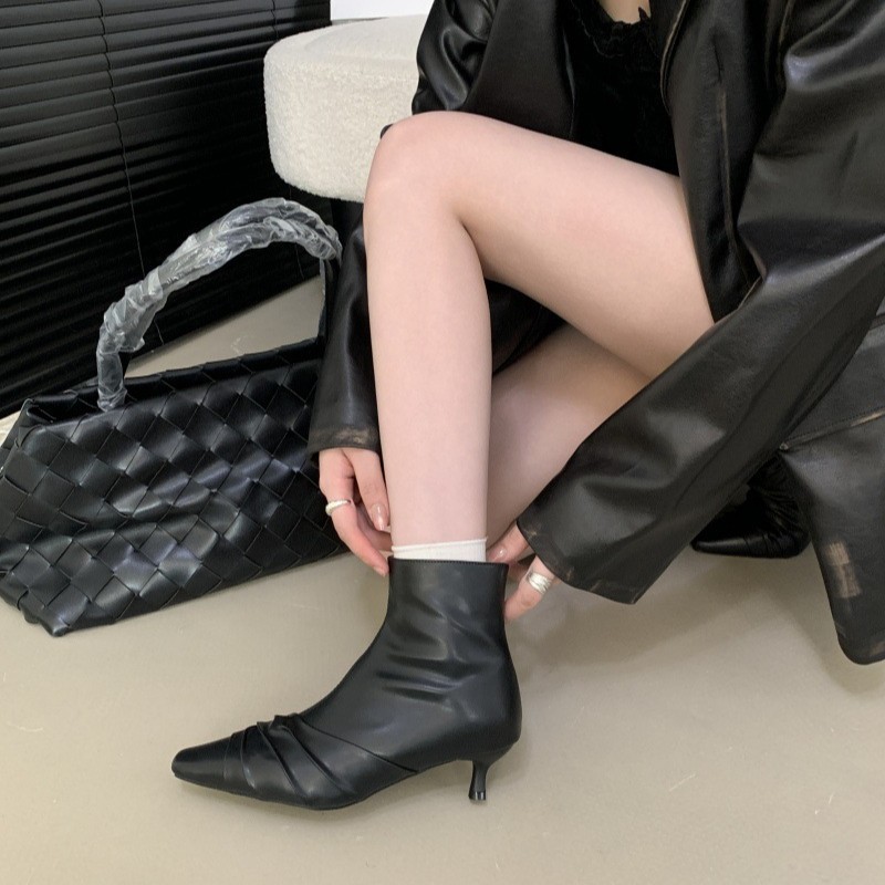 法式复古方头弹力瘦瘦靴女2025新款侧拉链细跟高跟短靴百搭时装靴|undefined