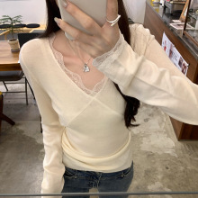 蕾丝拼接气质长袖羊毛针织打底衫女装潮韩系2025秋冬洋气别致上衣