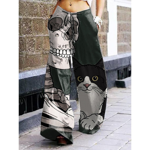 2025 Western and Eastern Halloween Skull Print Women's Casual Pants Wide Leg Pants