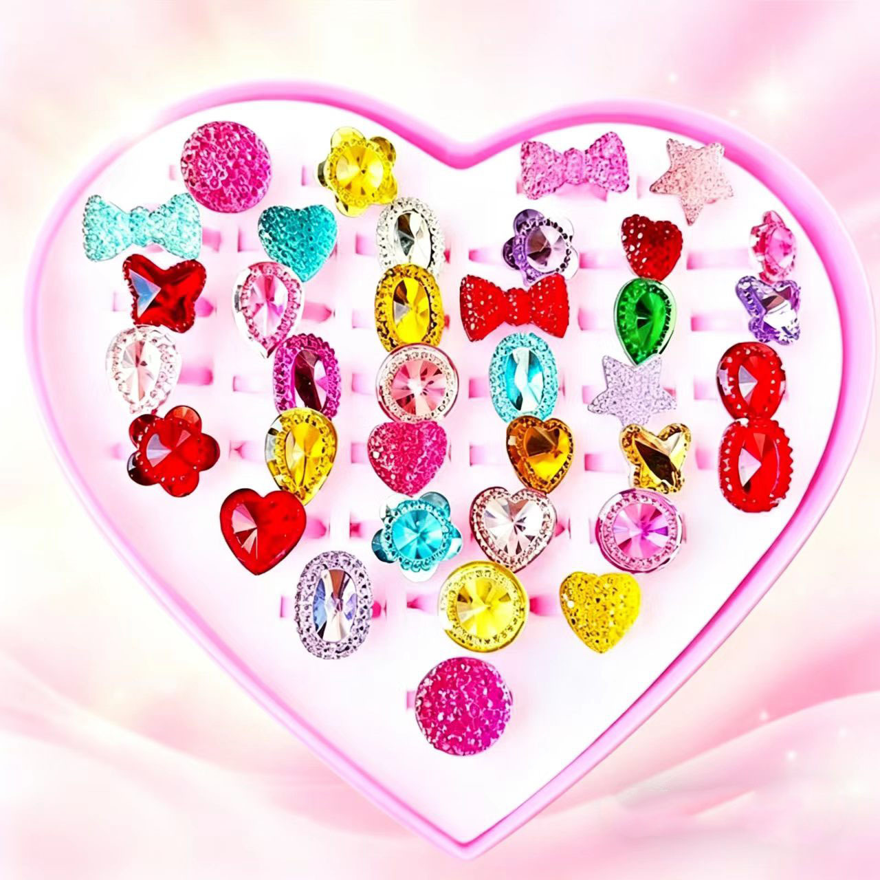 Children's Princess Crystal Ring Set for Girls Cute Cartoon Gemstone Ring Toy Gift Heart-Shaped Bow
