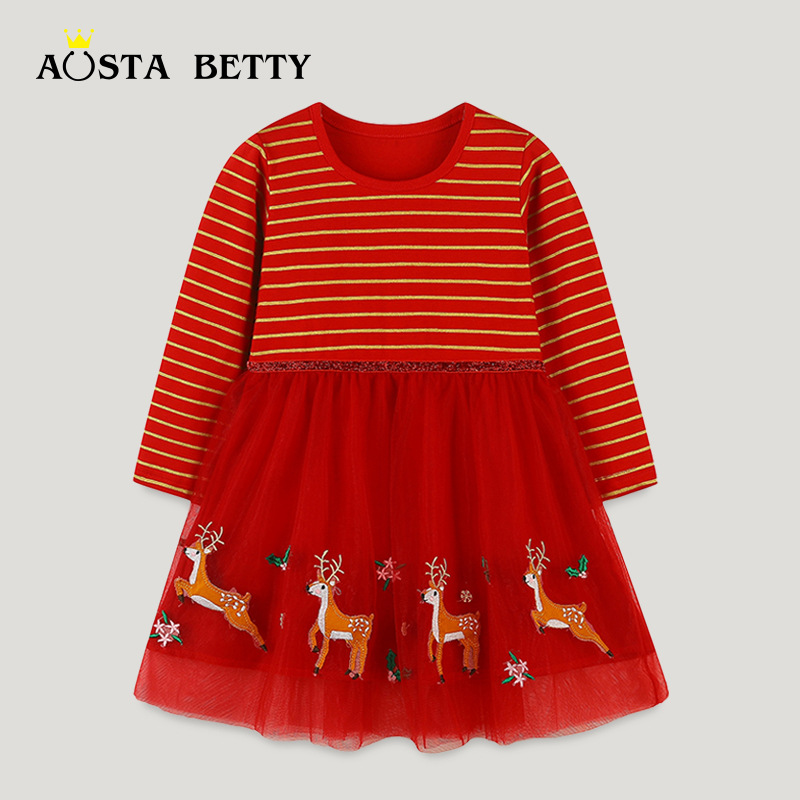 Estilo europeo y americano otoño nuevo vestido de las muchachas de la Navidad elk malla vestido de los niños cuello redondo lindo princesa vestido mezclado lote