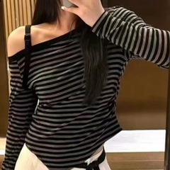 不规则斜领露肩条纹长袖T恤女2025秋季新款美式辣妹修身显瘦上衣