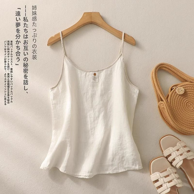 Retro Small Embroidered Cotton and Linen Sling Women's Summer New Loose Slimming Look Inner Sleeveless Bottoming Vest Top for Women