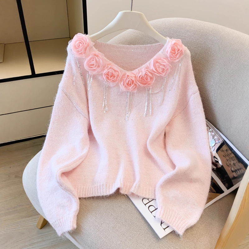 European Heavy-Duty Sequin Tassel Three-Dimensional Flower Pink Knitwear Girly Princess Soft Girl Student Knitwear Sweet