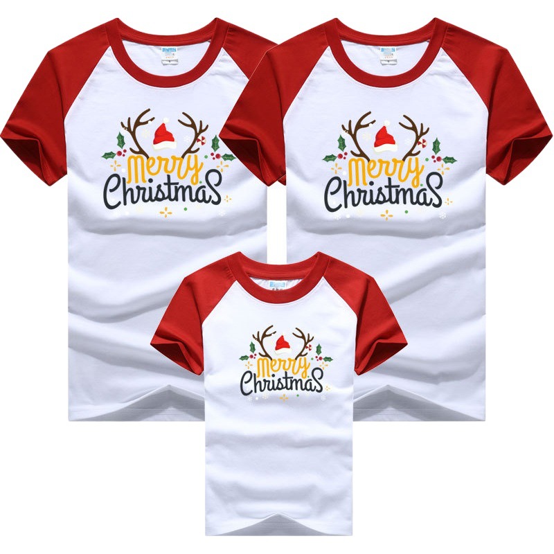 2022 Año Nuevo Navidad padre-hijo de manga corta Camiseta una familia de tres transfronteriza de Navidad A14 color a juego manga raglán