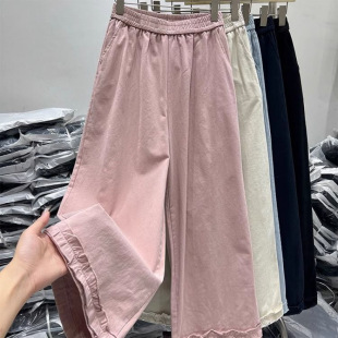 1.0-150kg Plus Size Lace Straight Wide Leg Pants for Women, Loose Fit, Slimming, Versatile Casual Cropped Pants for Summer