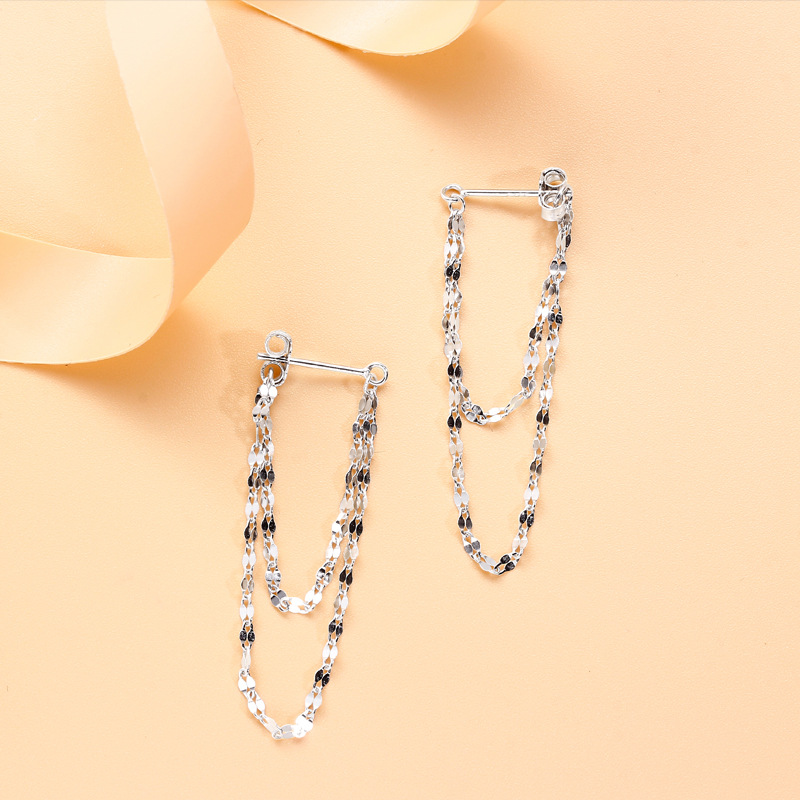 2023新款S925銀針耳飾前後戴雙層唇片鏈條流蘇耳釘大臉顯瘦耳環女