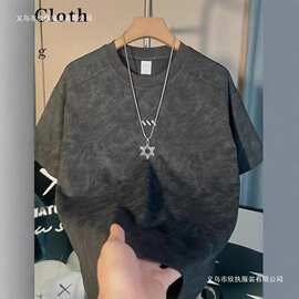夏季新款短袖男复古做旧设计恤圆领休闲百搭半袖外穿扎染上衣潮