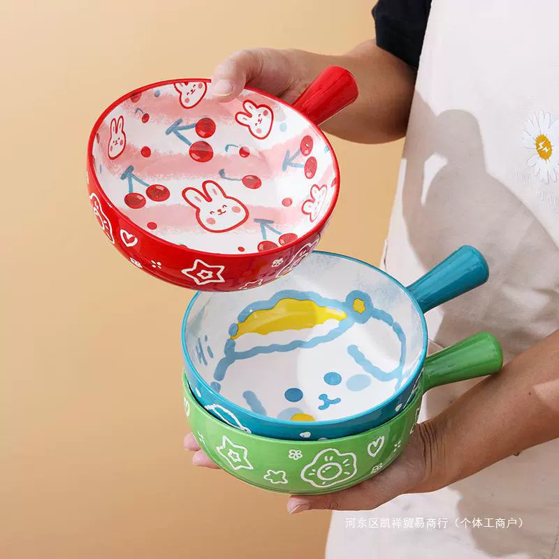 Печь керамическая чаша для выпечки домашняя с ручкой миска для фруктового салата мультфильм студенческое общежитие одна ручка миска быстрого приготовления без