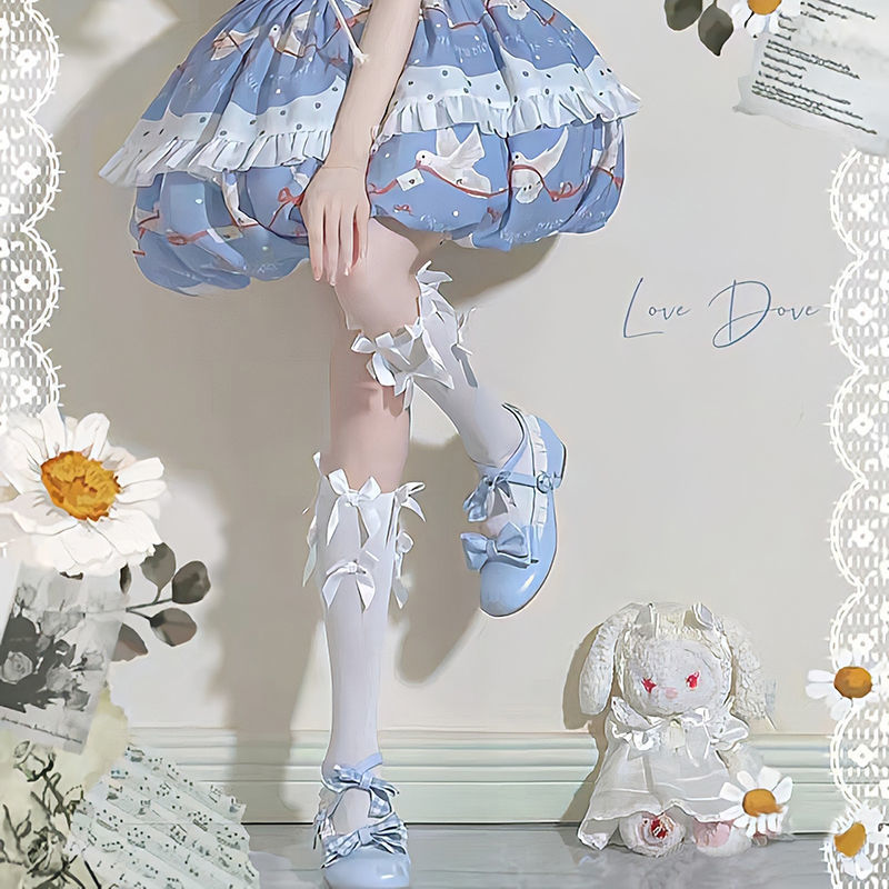 White breathable summer thin knee socks with bow