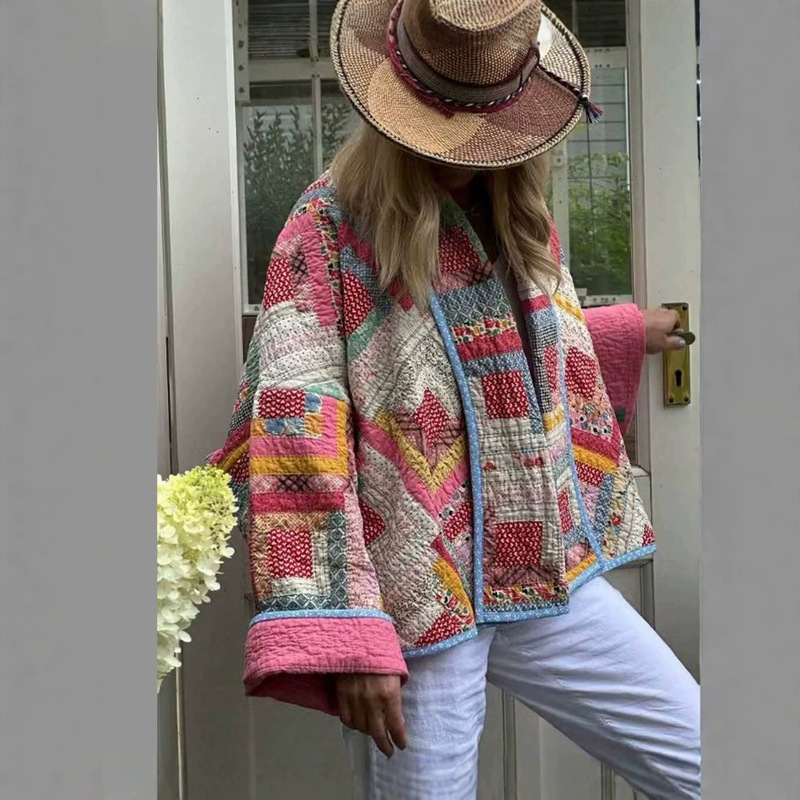European and American Women's Winter Short Fashion Versatile Jacket Retro Patchwork Printed Quilted Cardigan Cotton Coat Overseas Warehouse