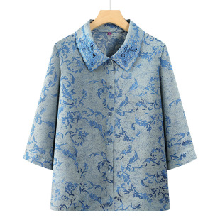 Grandma's Summer Shirt for Women, Three-Quarter Sleeve, Stylish Blouse for Mom, Fashionable Turn-Down Collar, Elderly Clothing, Women's Top
