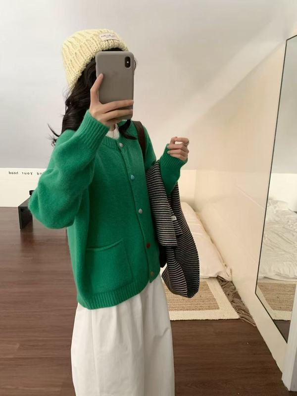 韩系温柔风软糯气质百搭彩色扣子毛衣女秋季新款宽松加厚针织开衫|undefined