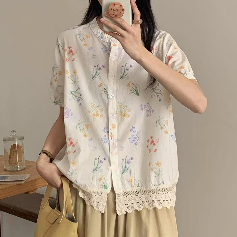 Romantic and Artistic Colorful Floral Printed Shirt Women's Lace Stitching Short-sleeved Fresh Shirt Loose All-match Top