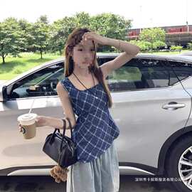 蓝格子无袖复古镂空背心衬衫女夏季2025新款收腰显方领外穿上衣