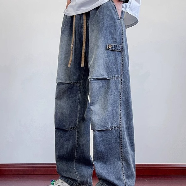 Vaqueros plisados estadounidenses para hombres verano nuevo estilo calle alta suelta recta adolescente transpirable casual recto mono recto