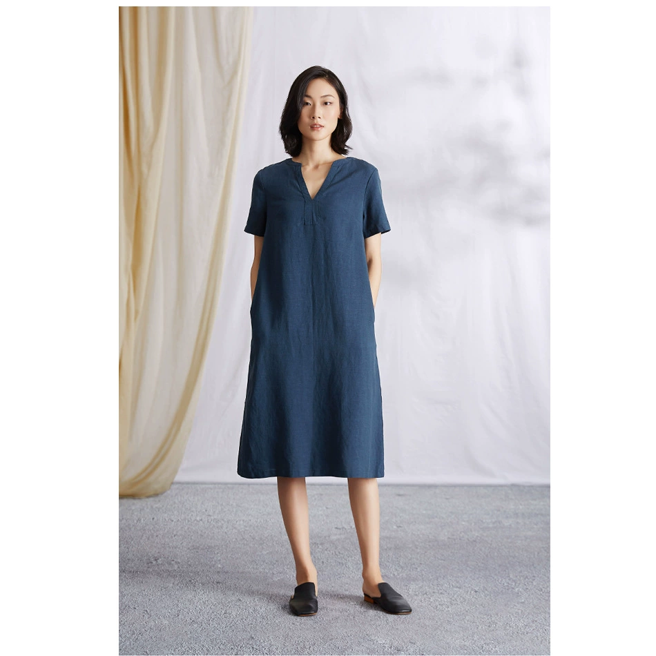 Оригинальная Женская одежда из хлопка и льна, простое платье средней длины, новинка 2021 года, летнее платье средней длины с воротником-стойкой и короткими рукавами