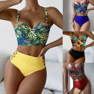 2024欧美新款性感硬杯钢托印花分体泳衣bikini跨境速卖通批发爆款