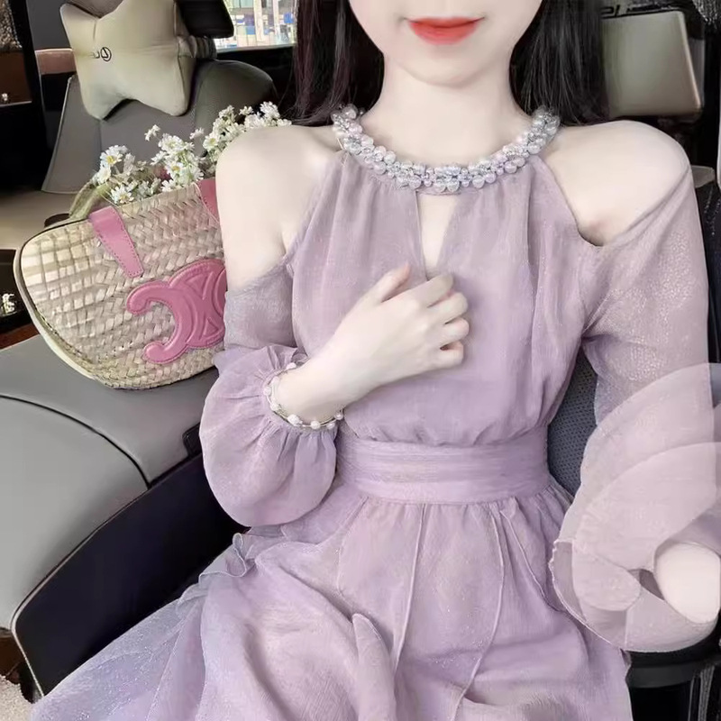 Purple strapless pearl neck dress women's summer popular this year beautiful gentle style temperament long skirt 3701 Purple strapless pearl neck dress women's summer popular this year beautiful gentle style temperament long skirt 3701