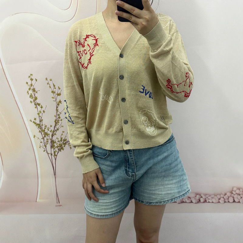 ZV2026 French-style spring-summer linen V-neck cardigan with heart, skull, and letter embroidery, single-breasted, thin knit ZV2026 French-style spring-summer linen V-neck cardigan with heart, skull, and letter embroidery, single-breasted, thin knit