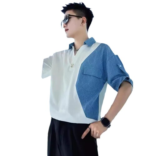 Summer 2024 New Men's Shirt Design Sense Minority Light Luxury Splicing Inches Shirt Trend Brand Top Thin Blouse