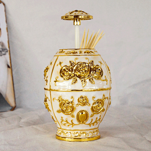 Color electroplated automatic pop-up toothpick holder for guest tea room and restaurant with three flat bottom egg-shaped toothpick holders with roses