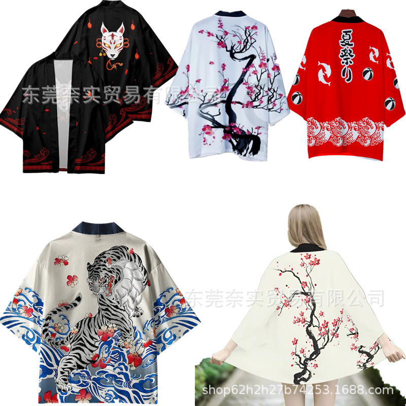 夏季浮世绘日系七分袖和服披风羽织和服道袍3D数码印花居家服直销