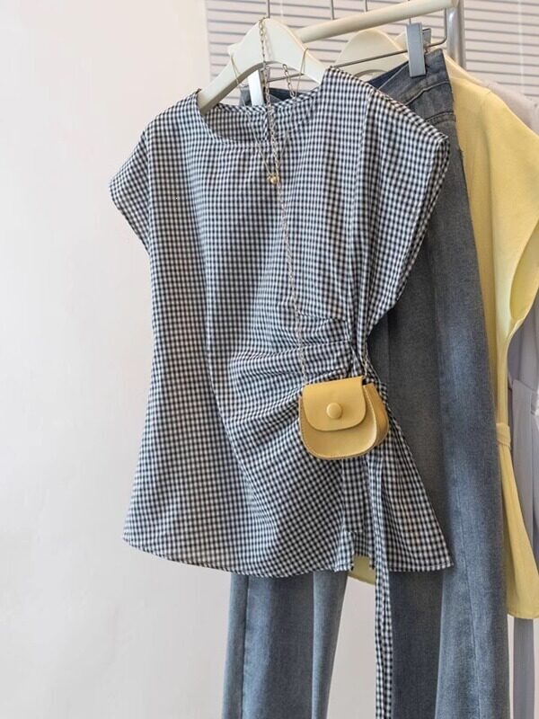 Plaid Short-Sleeve Shirt with Flutter Sleeves for Women, 2026 Summer New Style, Plus Size, Tie-Waist, Irregular Top
