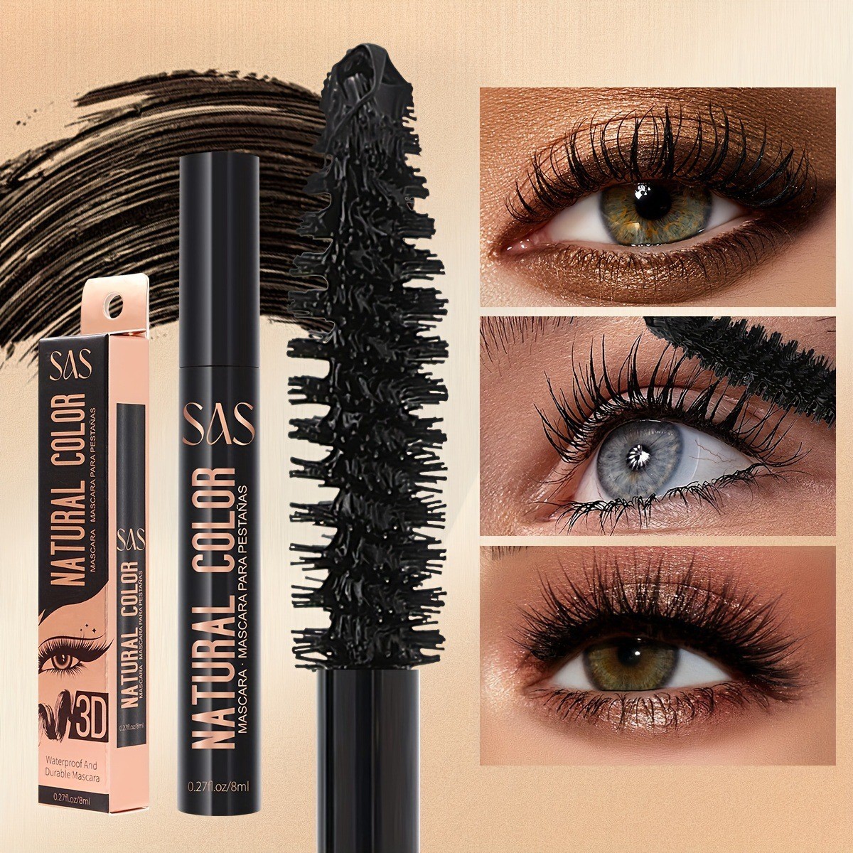 USHAS mascara a prueba de agua sin manchas largas y gruesas pestañas enrolladas SAC056