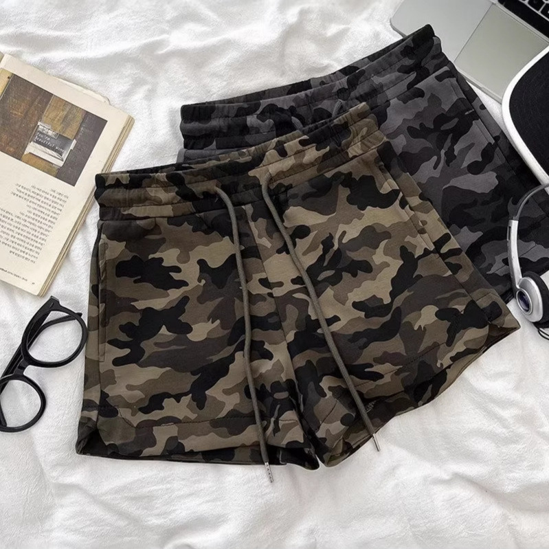 American-Style Spicy Girl Fashion Versatile Drawstring Elastic Waist Slimming Camouflage Shorts Wide-Leg Pants Casual Pants A-Line Hot Pants for Women American-Style Spicy Girl Fashion Versatile Drawstring Elastic Waist Slimming Camouflage Shorts Wide-Leg Pants Casual Pants A-Line Hot Pants for Women