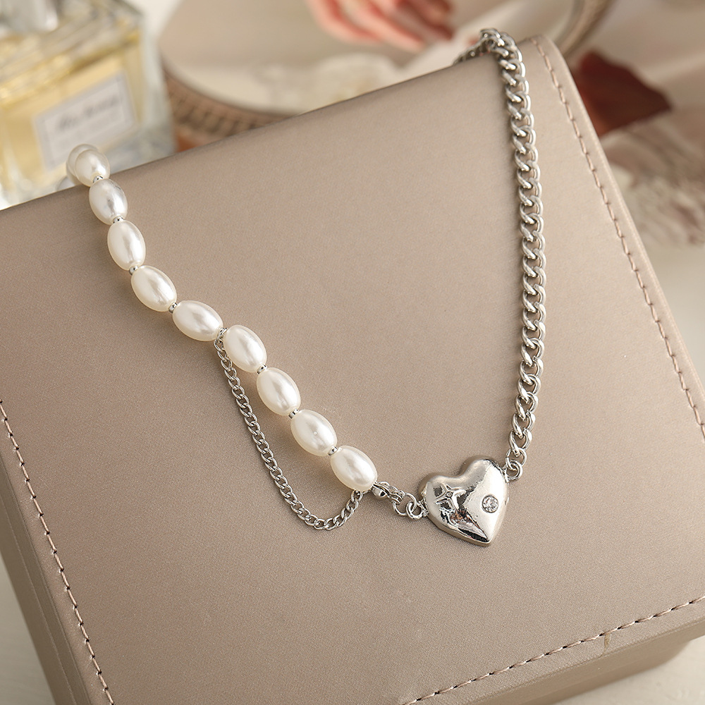 new retro pearl simple stitching pearl chain heart pendant necklace