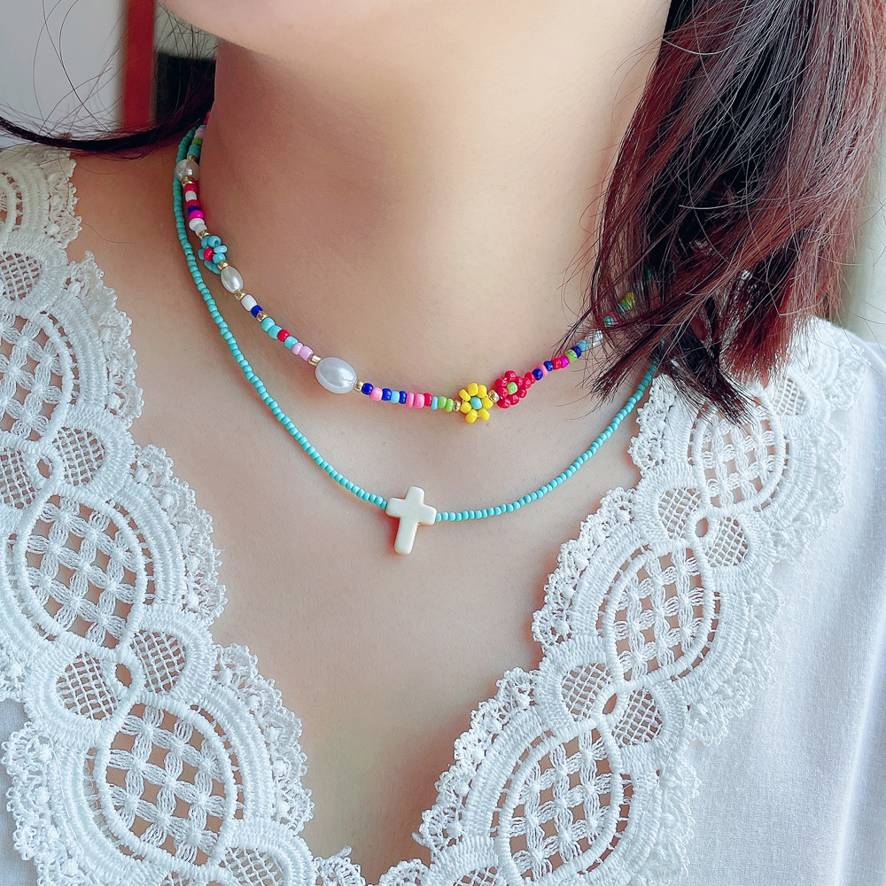 Bohemian Cross Flower Beaded Glass Pearl Turquoise Necklace