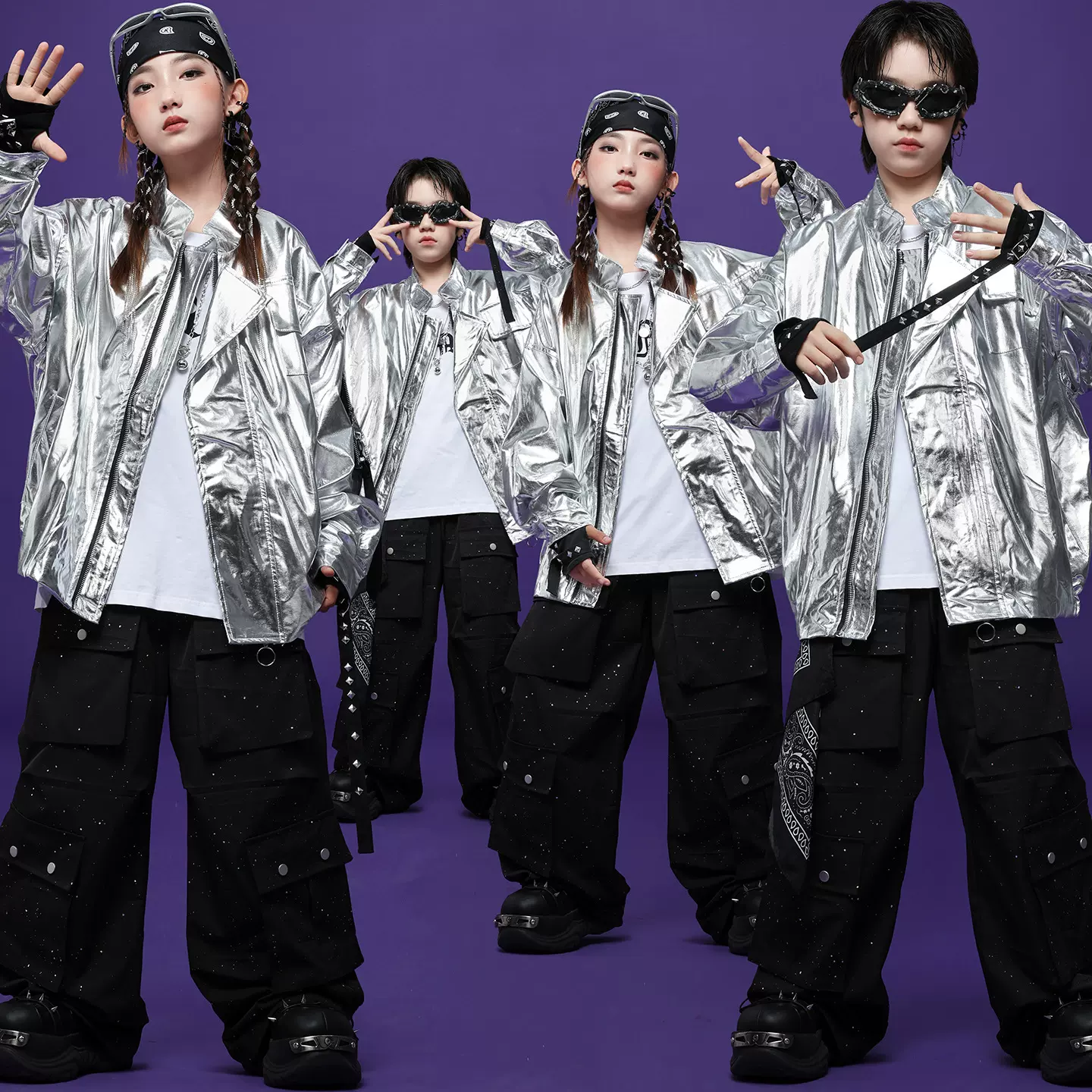 儿童街舞潮服女童爵士舞蹈表演服男童嘻哈炫酷银色皮衣外套演出服