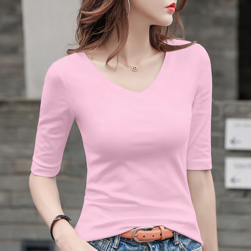 女性用ミッドスリーブTシャツVネック2025新作七分袖トップスとファッショナブルな七分袖ボトムシャツ|undefined