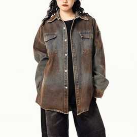 日系复古做旧水洗牛仔衬衫男长袖春秋新款宽松翻领衬衣休闲外套潮