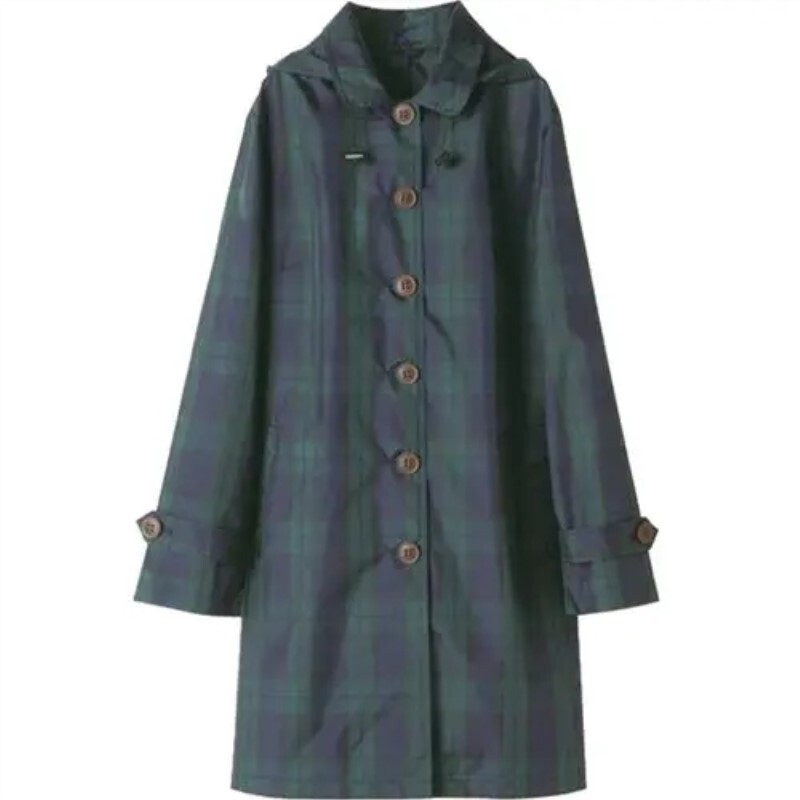 Fashion Printed Raincoat, Lightweight and Waterproof, Japanese and Korean Export Travel Fashion Women's Long Green Plaid Raincoat