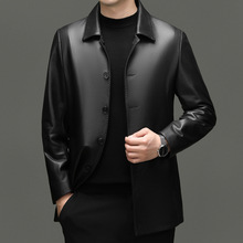 绵羊皮真皮皮衣男海宁皮夹克秋冬中年男装中长款翻领休闲外套风衣