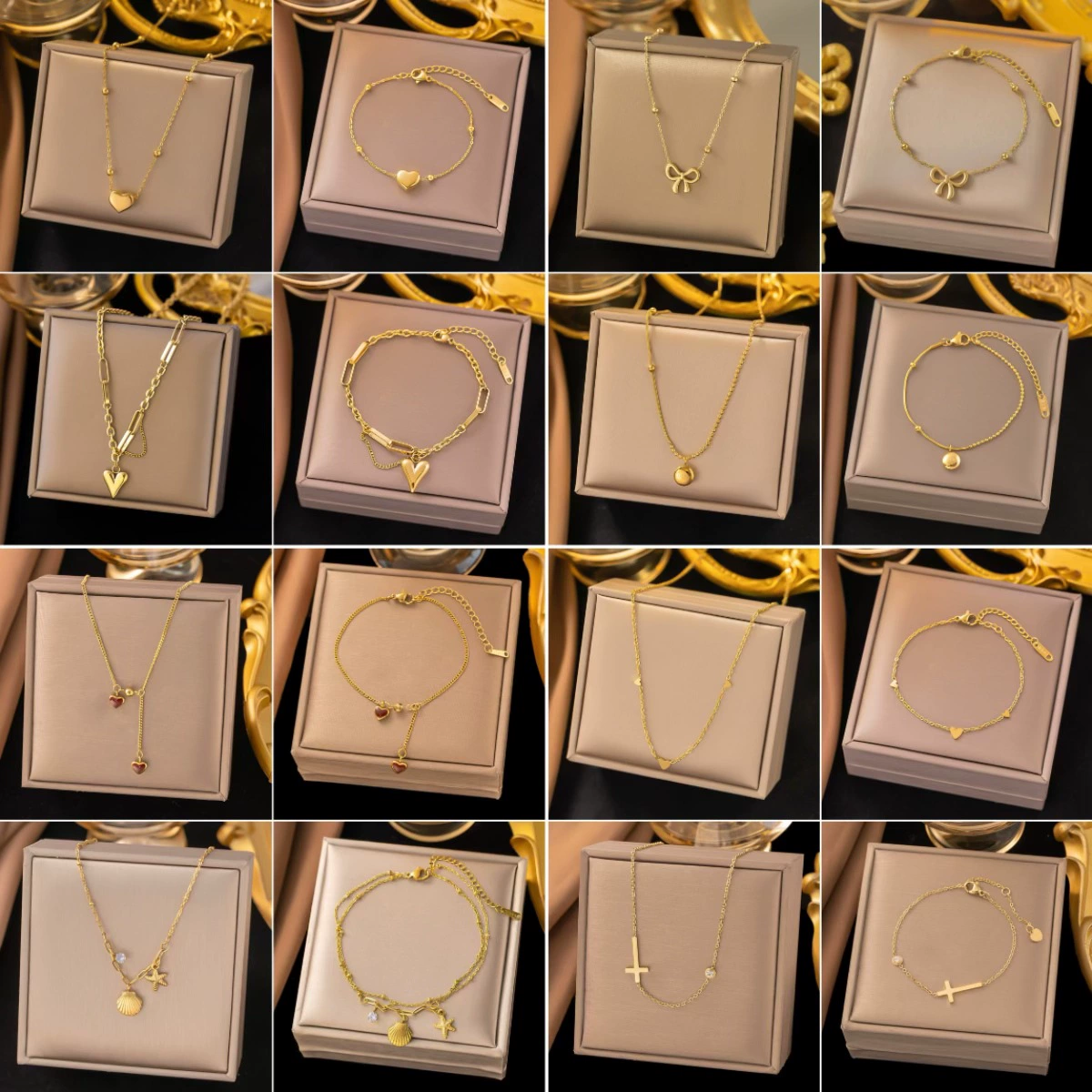 【Набор】Трансграничный комплект украшений из титановой стали для женщин из Дунгуаня: высококачественное колье и браслет в форме сердца, модный легкий люксовый ювелирный набор