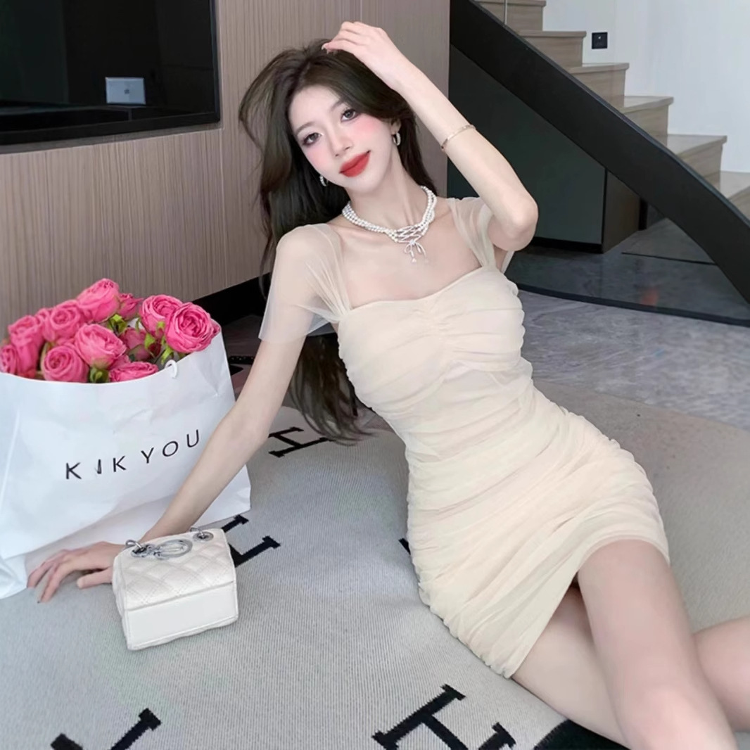Hot Girl Sexy Hip Skirt Chiffon Strapless Skirt off-shoulder Mesh Sling dress Female Spring Pure Desire