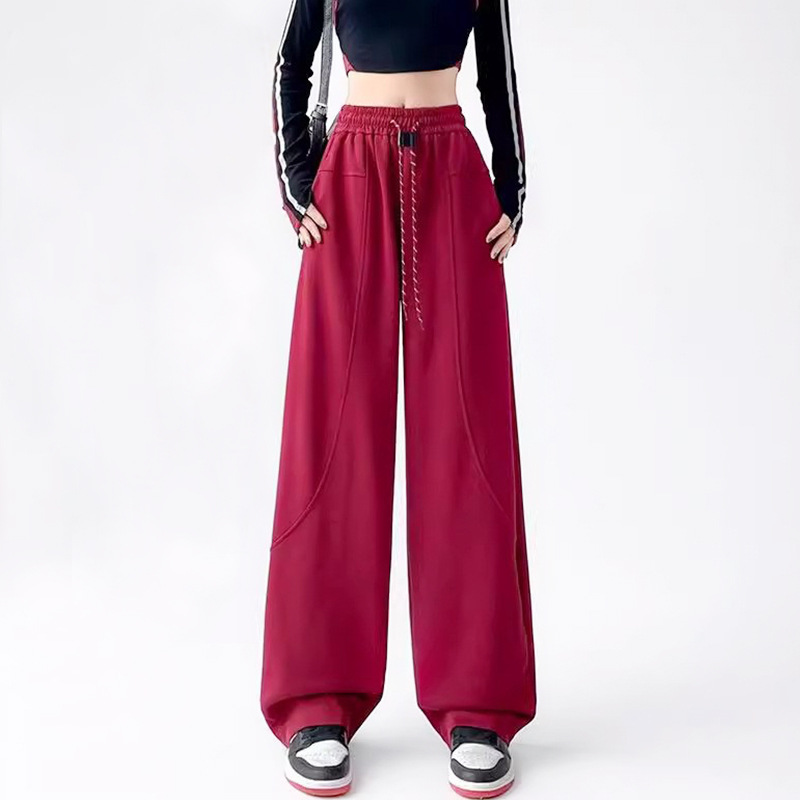【Clearance】Red Straight-Leg Sweatpants for Women, Wide-Leg Pants, High-Waisted, Loose Fit, Petite Casual Sports Pants
